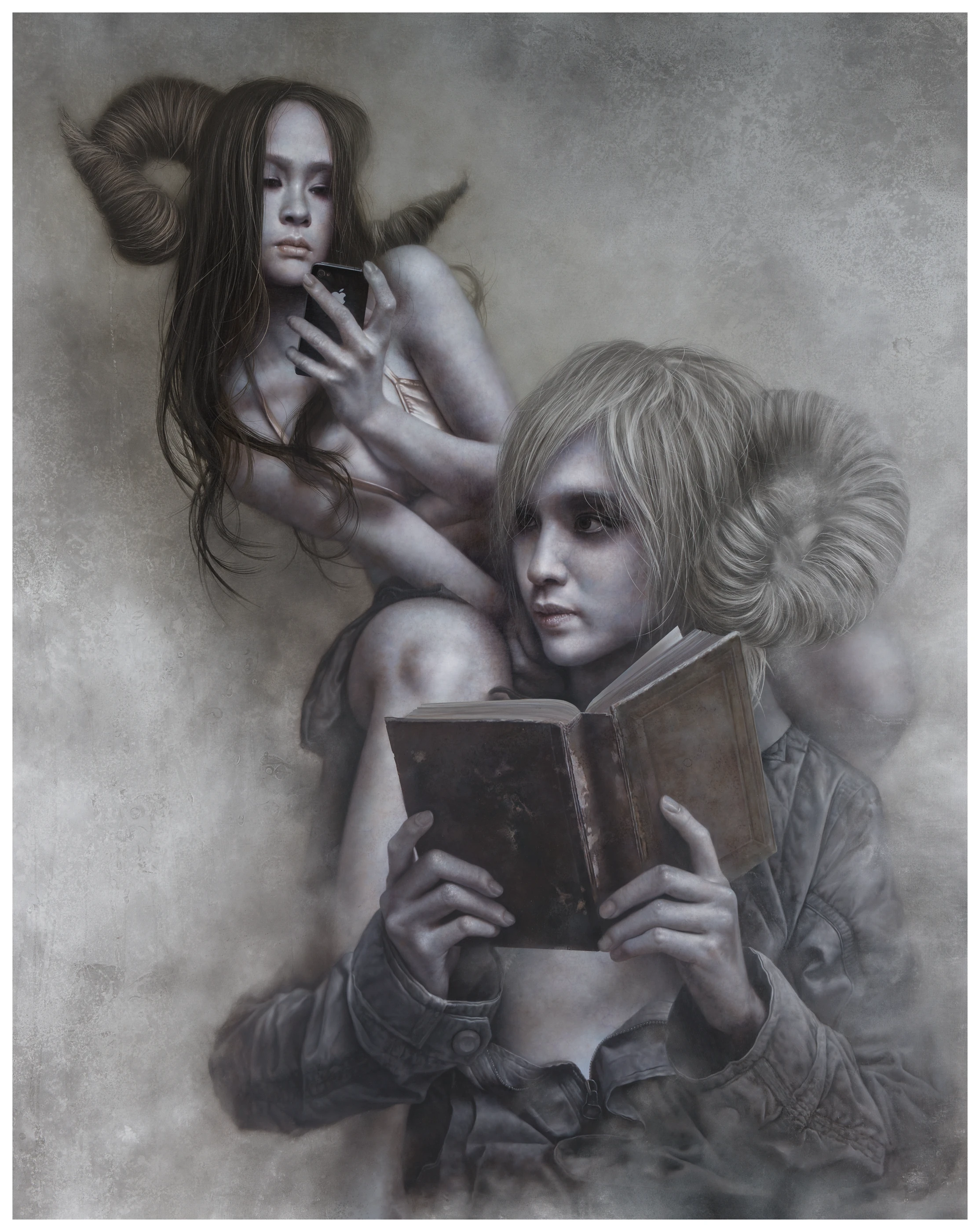 Two ways of reading by Lo Chan Peng, Oil on canvas, 2013, 227 × 182 cm