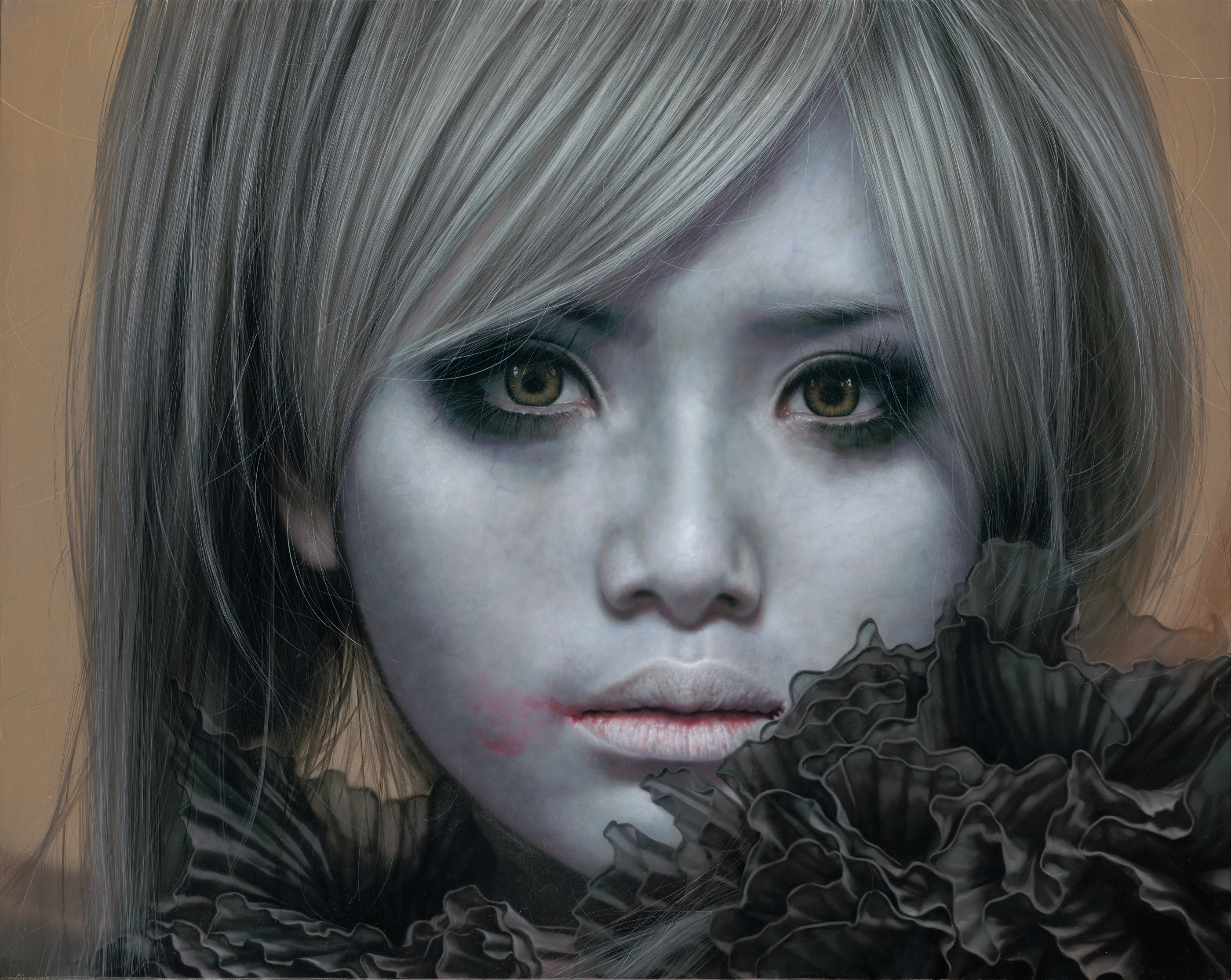 Ashen face furious young person by Lo Chan Peng, Oil on canvas, 2011, 91 × 72.5 cm