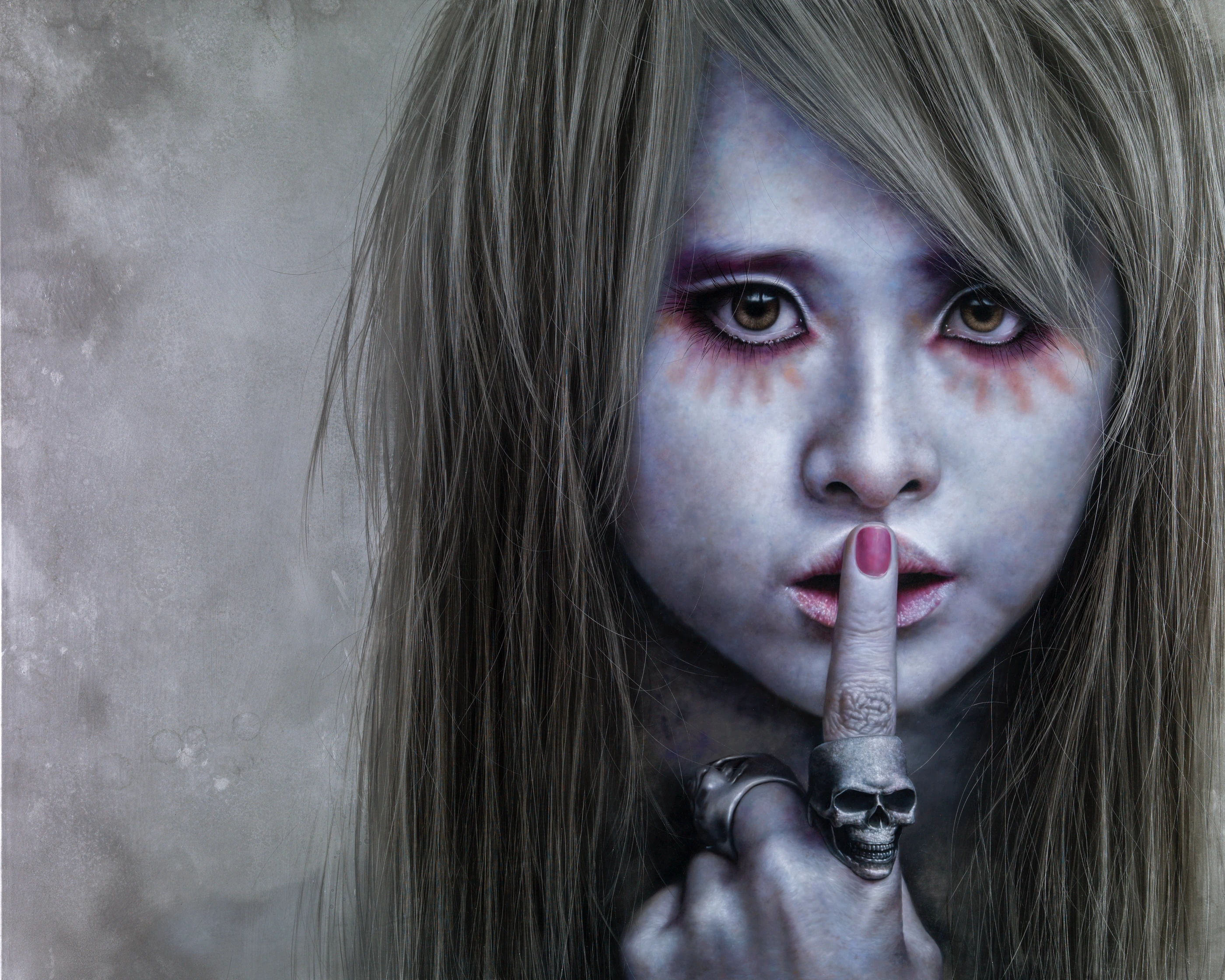 Ashen face 28 Girl with a skull ring3 by Lo Chan Peng, Oil on canvas, 2012, 162 × 130 cm