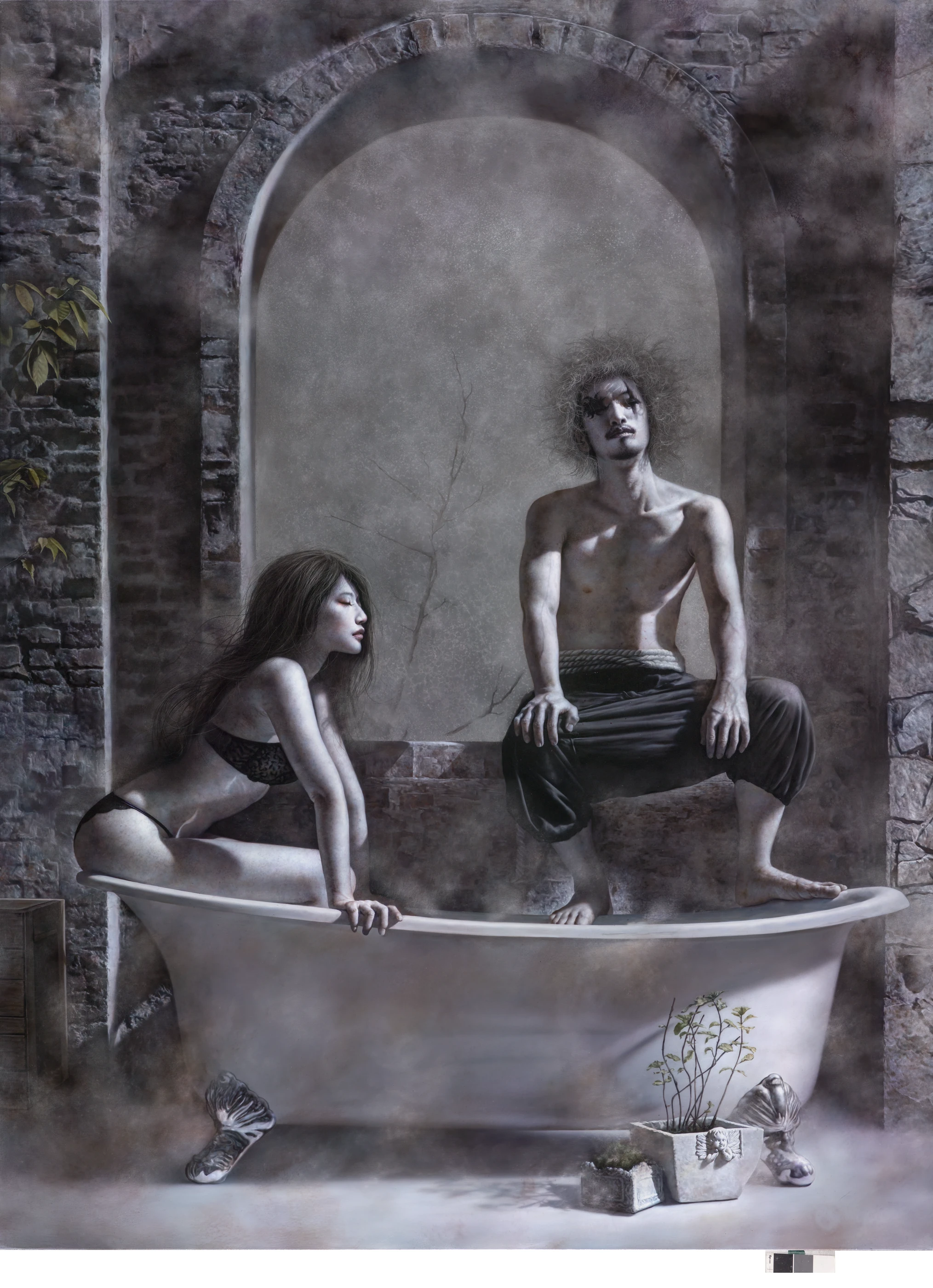 Wanderer in the Mist-bathe by Lo Chan Peng, Oil on canvas, 2015, 259 × 194 cm