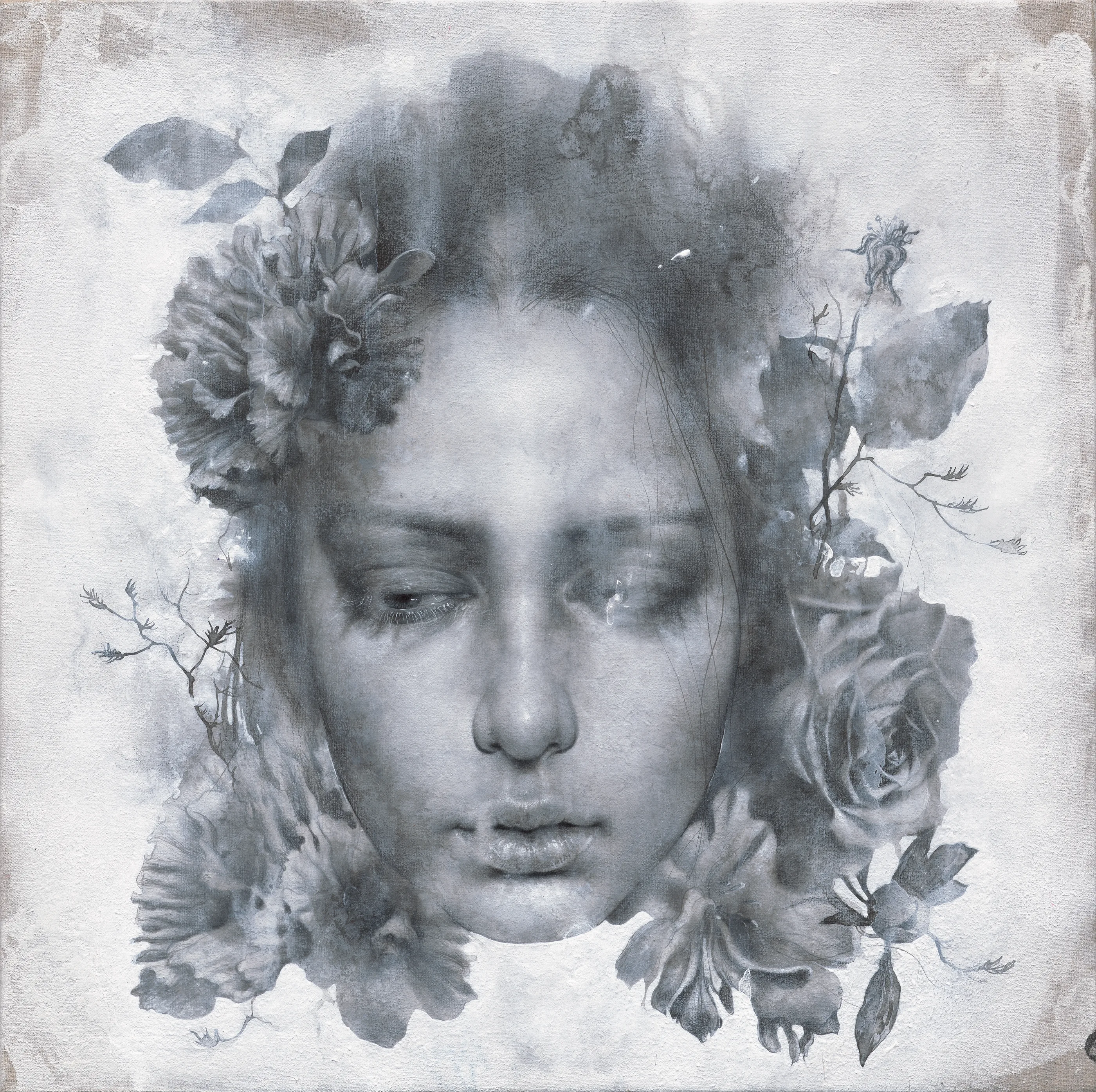 The Name of the Rose by Lo Chan Peng, Ink & acrylic on calcium carbonate canvas, 2023, 45.5 × 45.5 cm