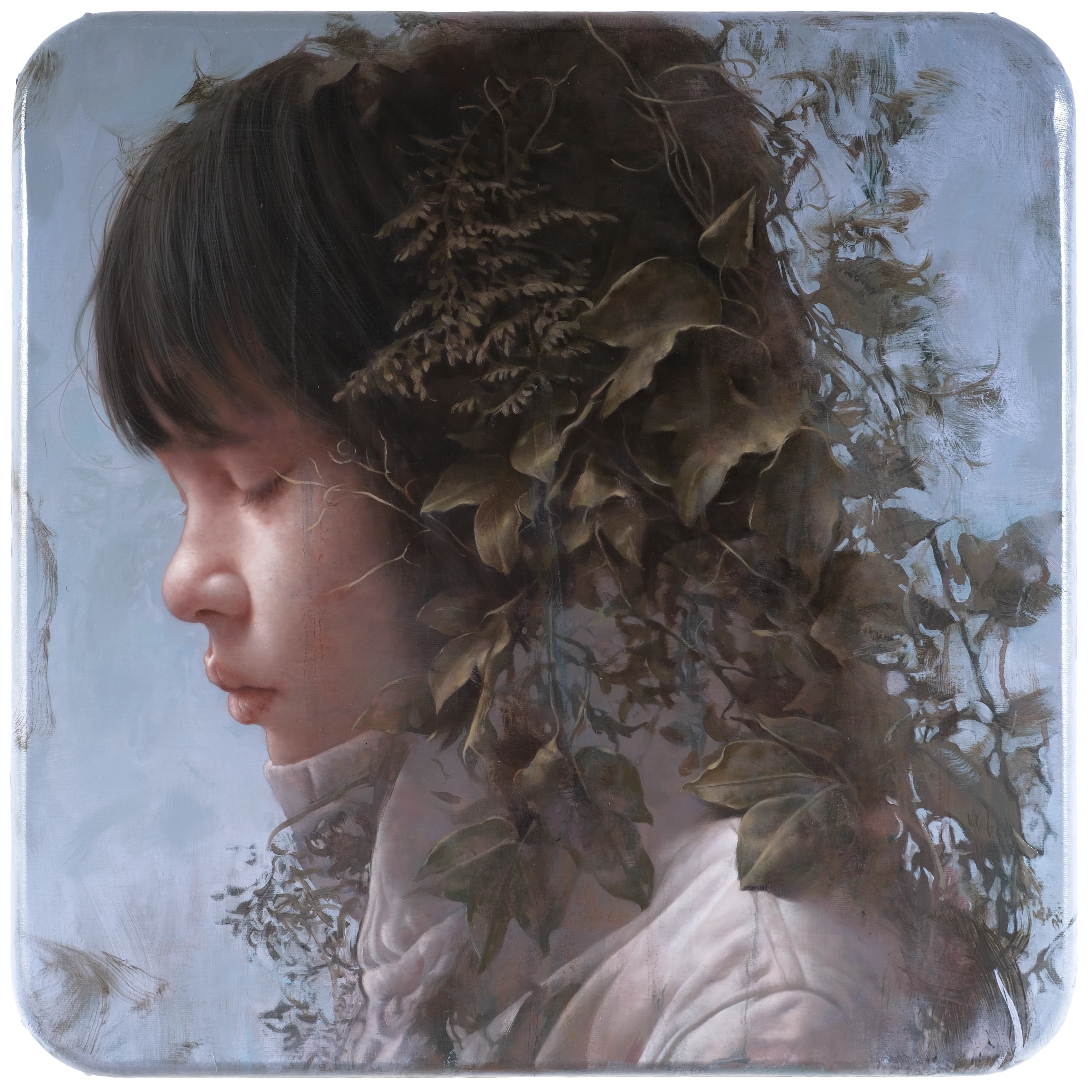 The girl who remained still for a hundred years by Lo Chan Peng, Oil on canvas, 2024, 50 × 50 cm