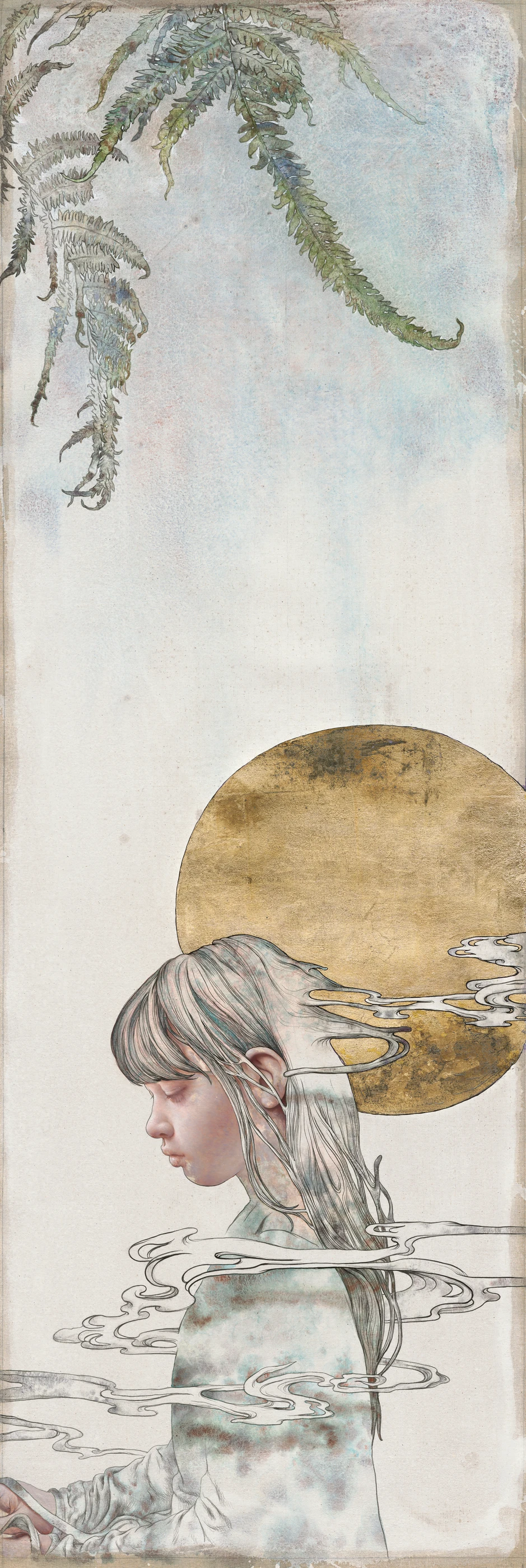 羅展鵬《思鄉症 4》,水墨、油彩、東方膠彩、金箔、畫布,2025,170 × 57 公分