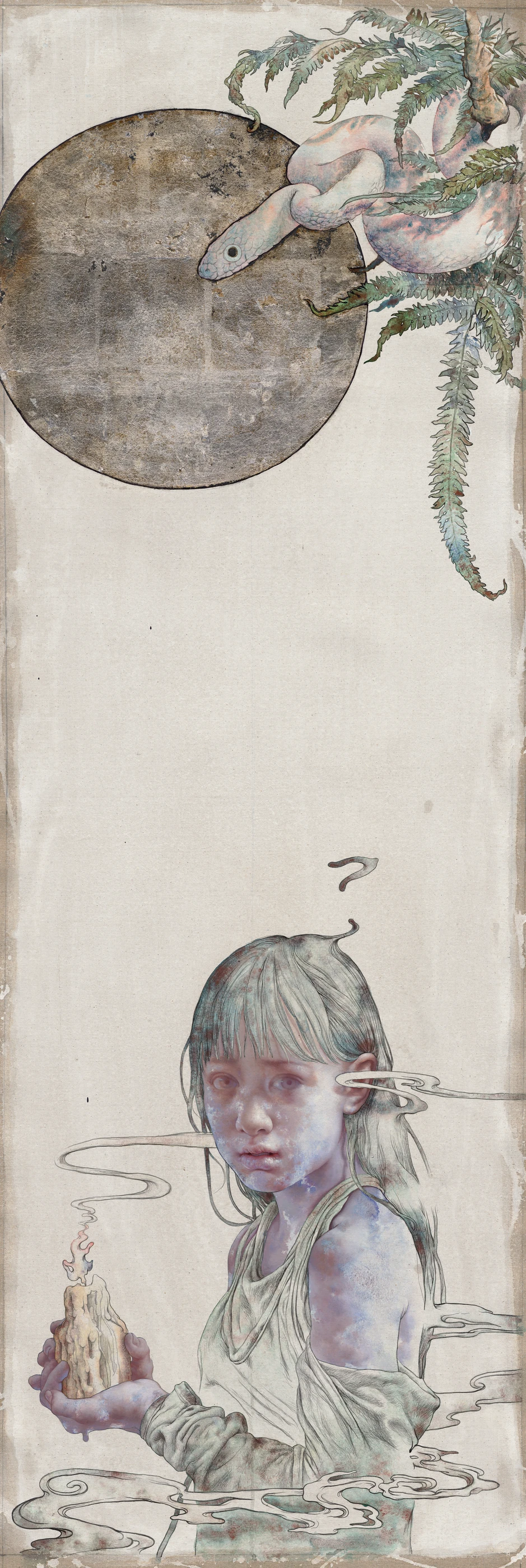 羅展鵬《思鄉症 5》,水墨、油彩、東方膠彩、銀箔、畫布,2025,170 × 57 公分